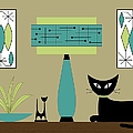 Cat on Tabletop with Lamp in Teal
